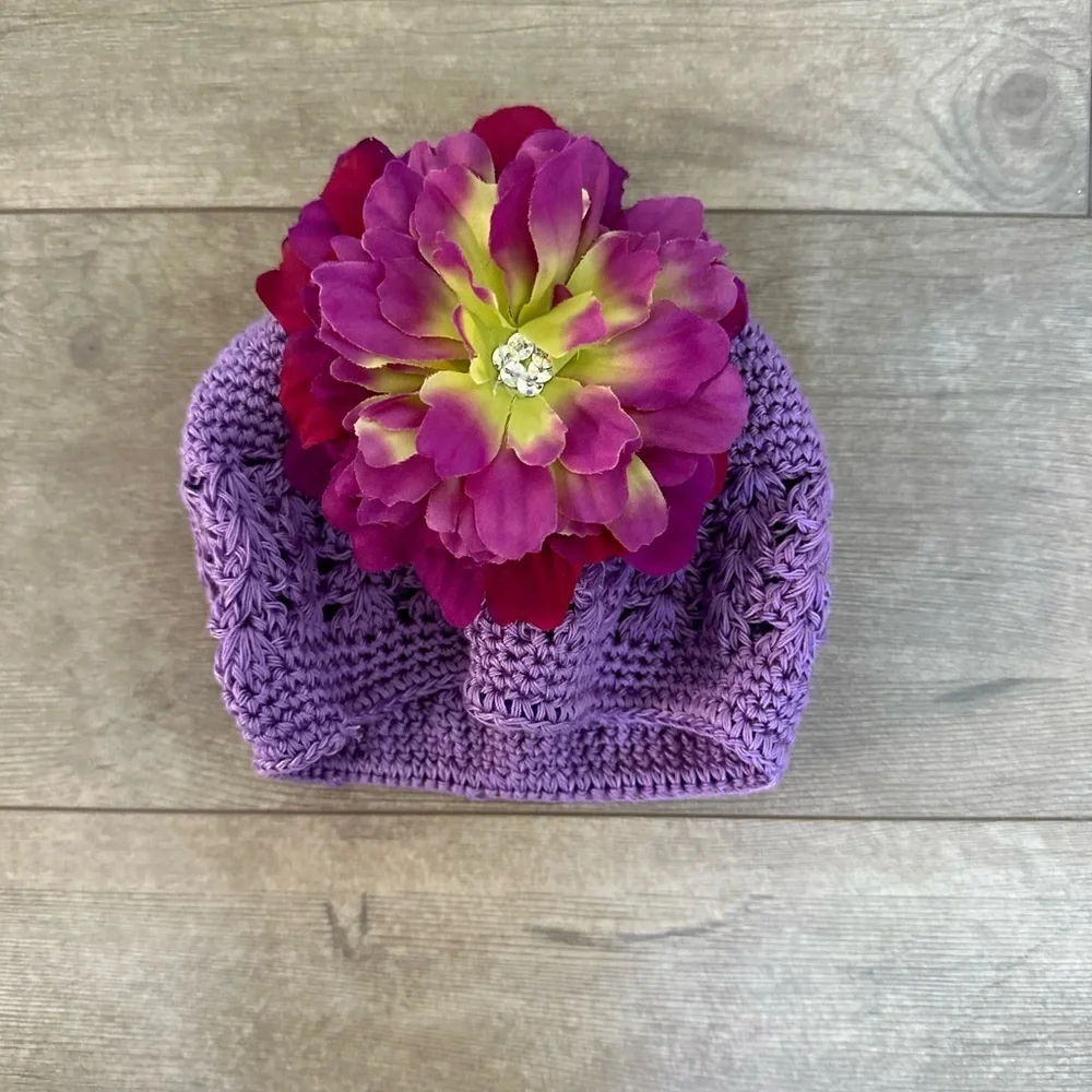 Hand crochet stretch 3-12 months baby girl boho floral hat